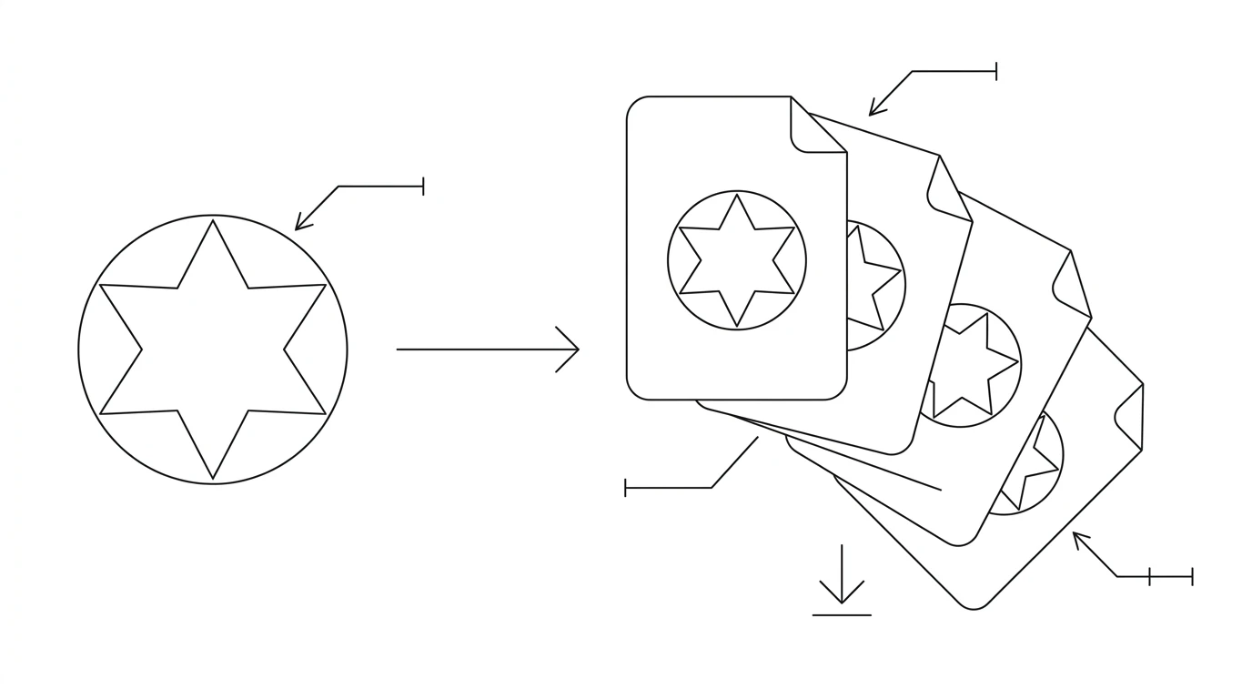 One ornament design exported into a fan of identical file cards, representing a multi-format bundle, with a download arrow beneath