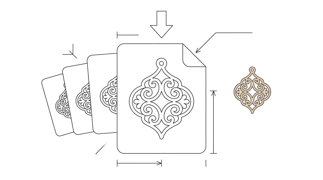 A vector ornament cut file with a fanned bundle of format cards and a download arrow, beside a small laser-cut version of the same ornament