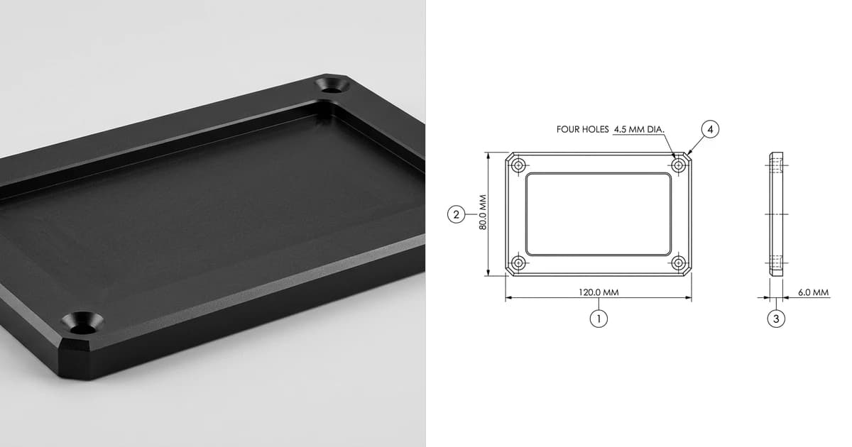 A photo of a black anodised aluminium enclosure lid on the left and the ballooned inspection drawing produced from it on the right, with four numbered balloons against the length, width, thickness and hole diameter