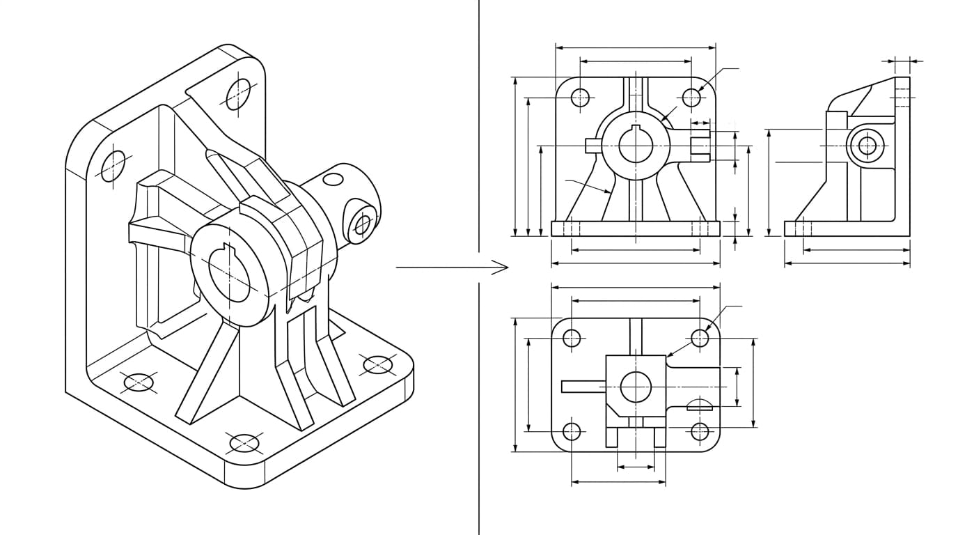 A 3D model of a bracket on the left and the same part as a 2D dimensioned technical drawing on the right