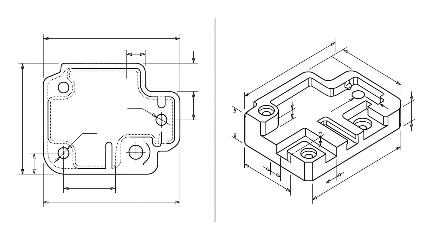 A flat 2D cutting profile on the left and a 3D solid machined part on the right