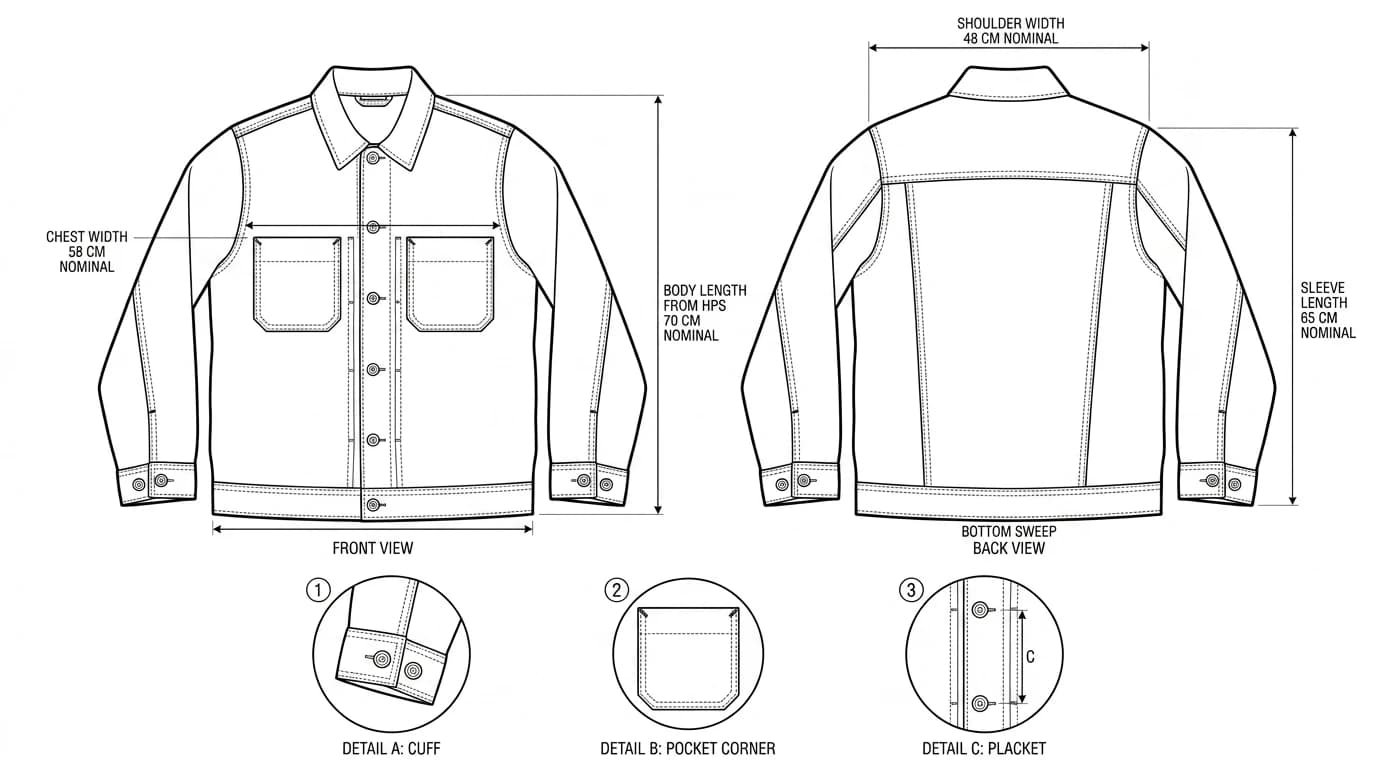 A technical flat of a work jacket with front and back views above three enlarged detail views: a cuff with topstitching shown as broken lines, a patch pocket corner, and a button placket with spacing