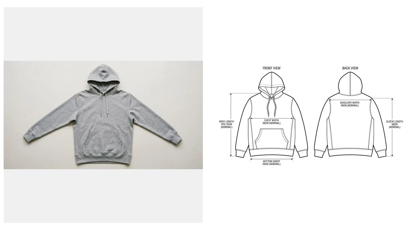 A photo of a hoodie laid flat next to the fashion flat sketch generated from it, with front and back views and measurement callouts