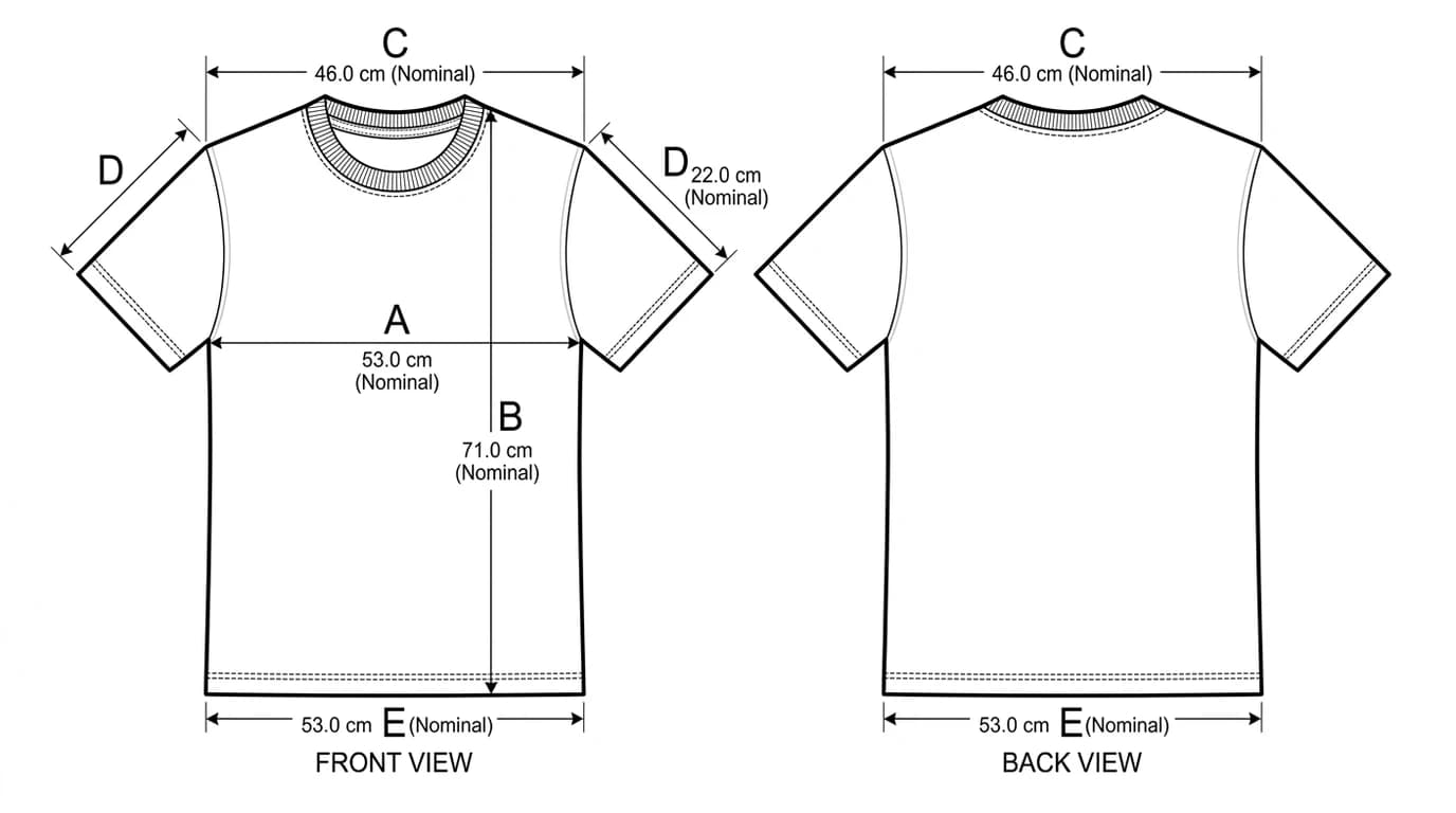 A fashion flat of a t-shirt with points of measure marked: chest width, body length from high point shoulder, shoulder width, sleeve length and bottom sweep
