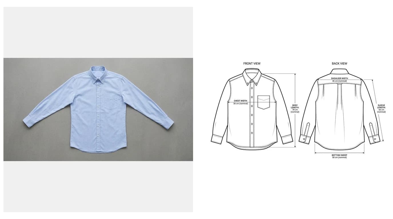 A photo of a cotton button-down shirt laid flat beside its fashion flat sketch showing front and back views with seams, plackets and topstitching