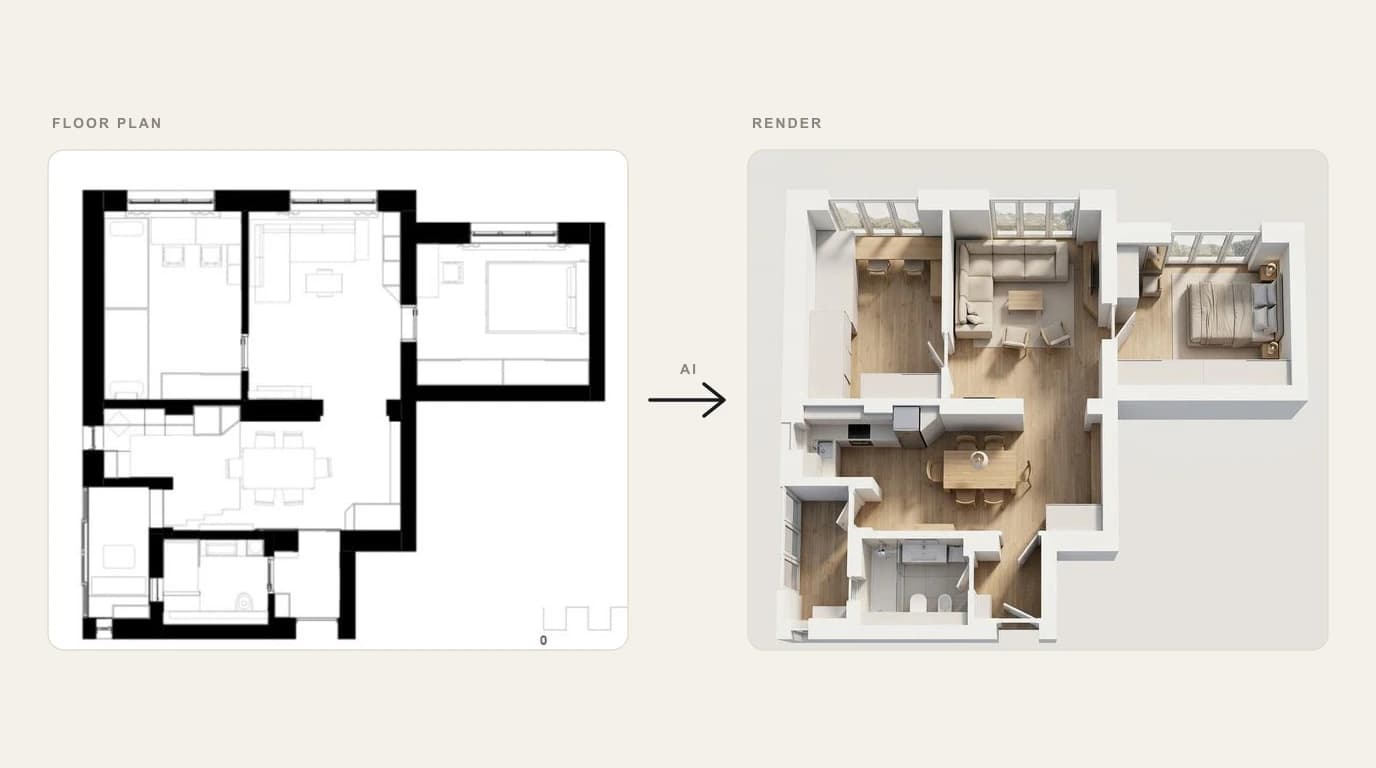 A 2D apartment floor plan on the left and the AI-generated 3D render of the same flat on the right, with an arrow between them