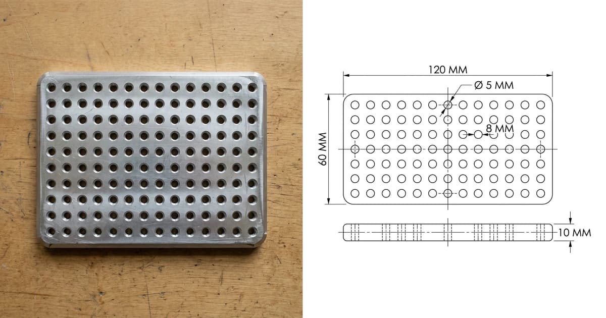A photo of a milled aluminium camera cheese plate on a workbench on the left and the dimensioned plan and edge view generated from it on the right, the kind of drawing any of the free CAD programs in this guide can produce