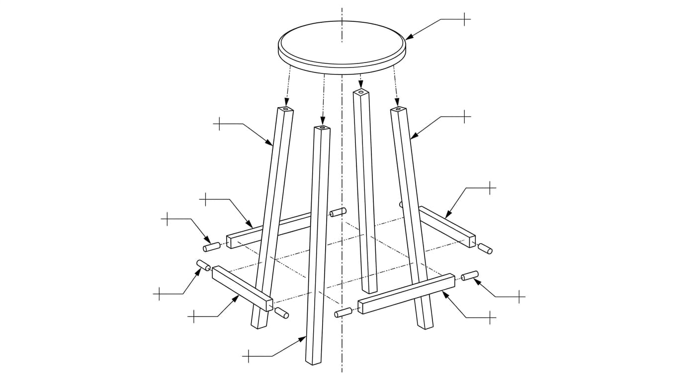 Exploded assembly drawing of a wooden stool with the seat, legs and stretchers separated along alignment lines