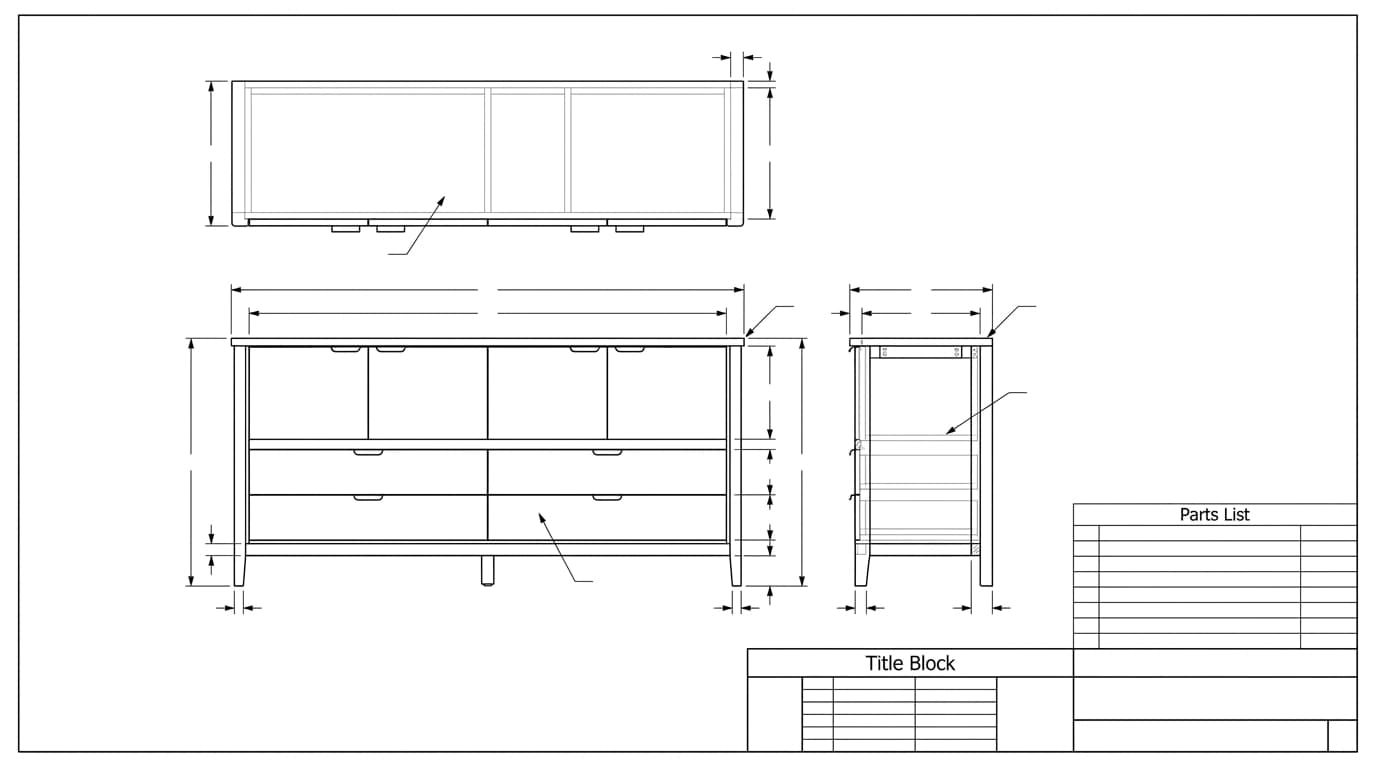 Furniture shop drawing of a wooden sideboard with front, top and side views, dimensions, a parts list and a title block