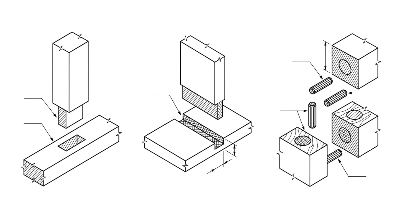 Detail views of a mortise-and-tenon joint, a dado joint and a dowel joint shown with section hatching