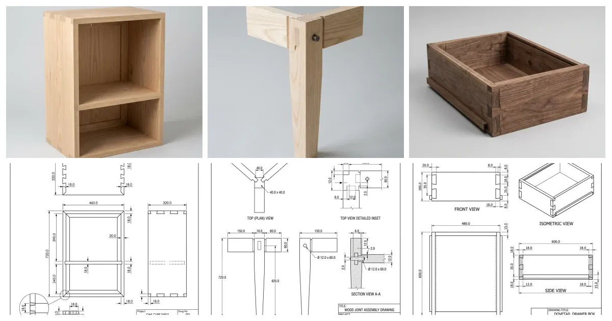 A top row of three joinery pieces, an oak cabinet carcass, an ash leg and apron mortise and tenon and a walnut dovetailed drawer box, above a bottom row of the matching dimensioned shop drawings