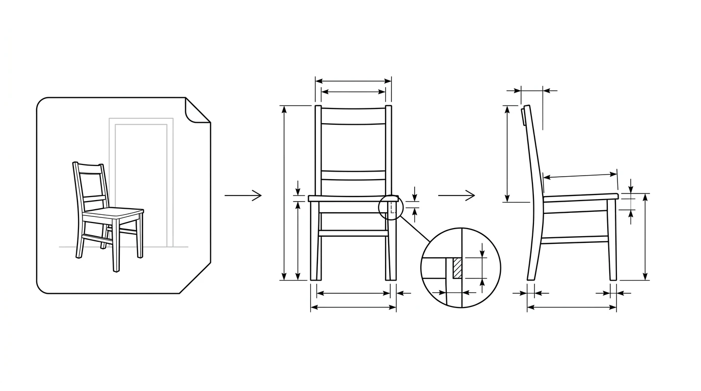 A photo of a wooden chair splitting into a dimensioned front and side shop drawing with a joinery detail callout
