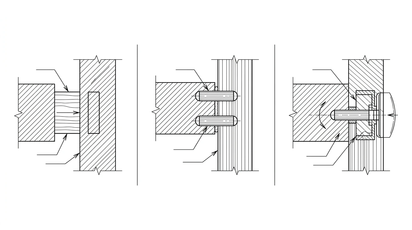 Three cross-section detail views of hidden furniture joints: a mortise and tenon, a dowel joint, and a cam-and-dowel knock-down connector
