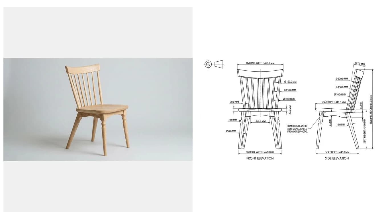 A photo of a solid ash dining chair beside its drawing with front and side elevations and a note reading compound angle, not measurable from one photo
