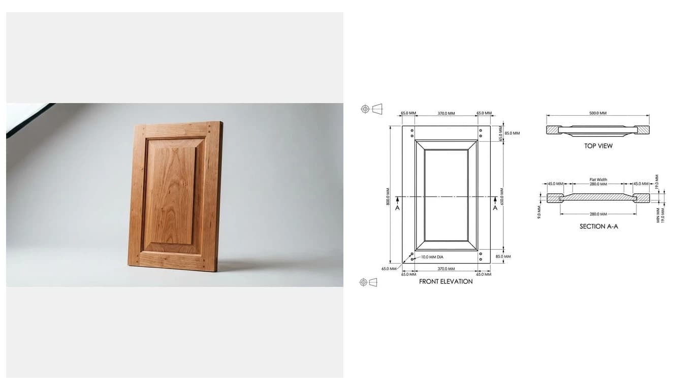 A photo of a solid cherry frame and panel cabinet door beside its drawing with a front elevation, a top view and a section through the panel groove