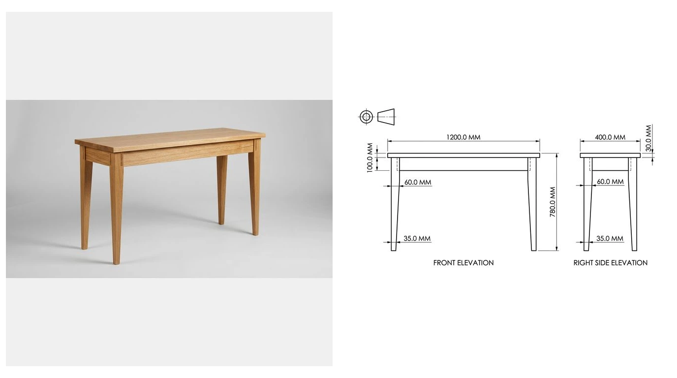 A photo of a solid oak console table on the left and the same piece as a dimensioned shop drawing with front and side elevations on the right