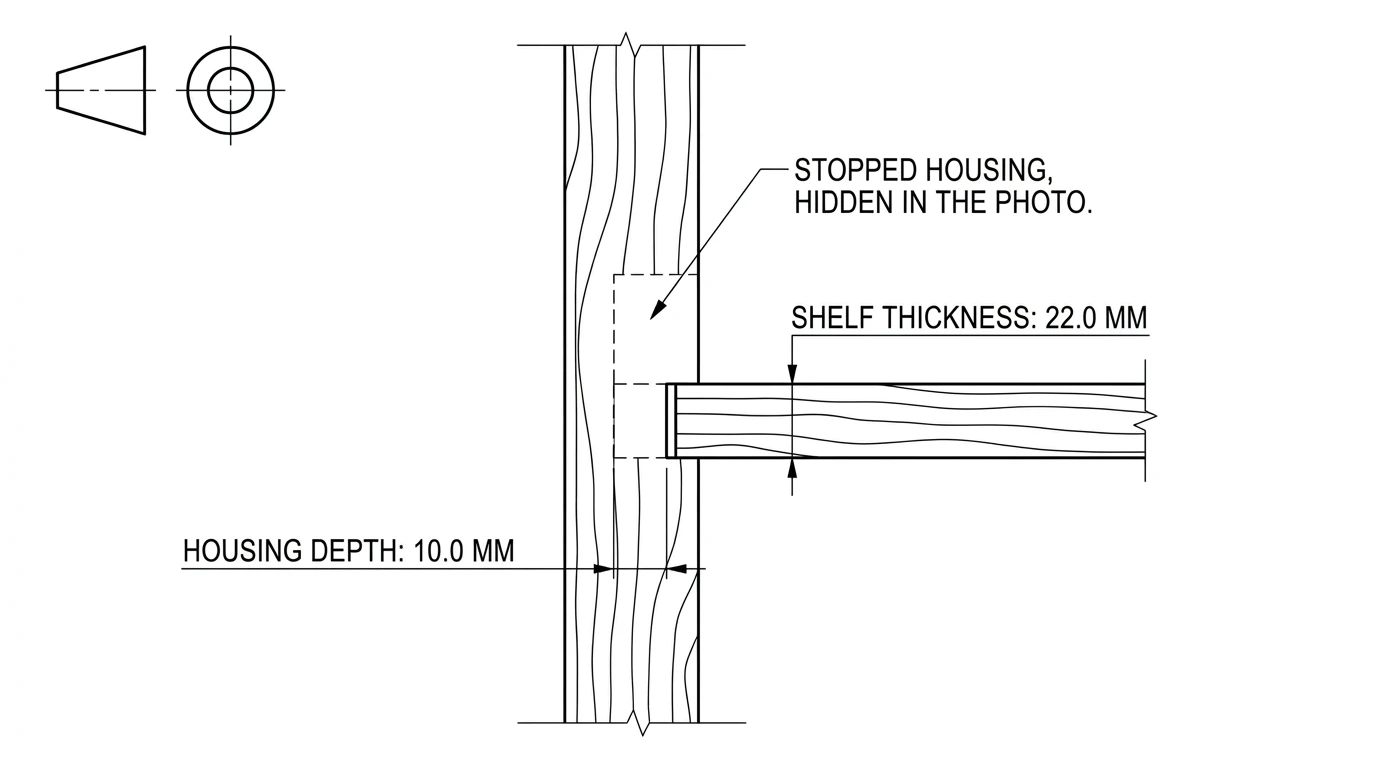 A cross section drawing of a cabinet side with a shelf in a stopped housing, with a leader note reading stopped housing, hidden in the photo