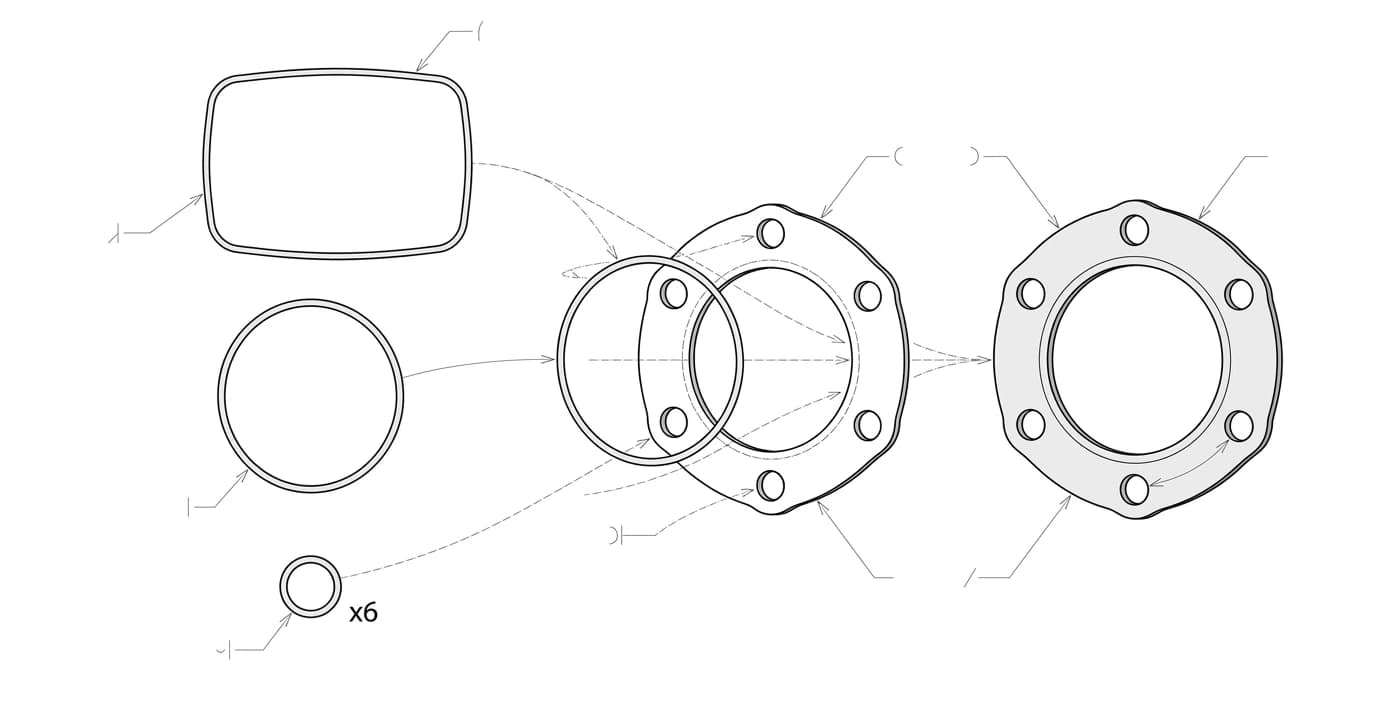 Diagram of a gasket outline showing three kinds of closed loop: the outer profile, the central sealing bore, and a ring of bolt holes, each drawn as a separate closed polyline