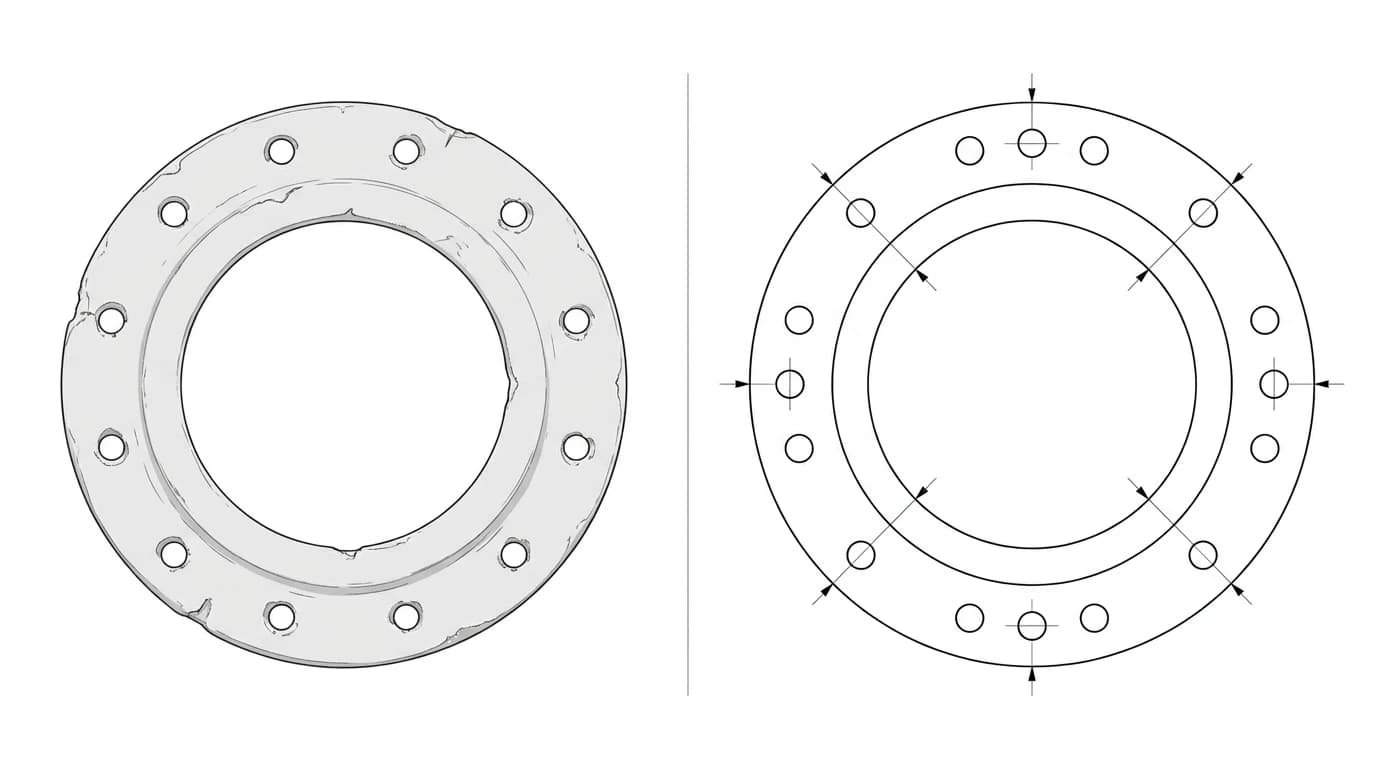A worn flange gasket photographed next to the clean 2D outline traced from it, with the outer profile, centre bore and bolt-hole circle drawn as a cut-ready DXF