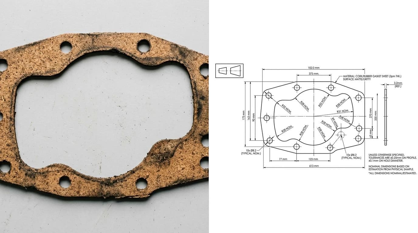 A photo of an irregular pump or valve cover gasket with an oblong body and several bolt holes on the left, and the traced 2D outline with bolt holes and the sealing aperture on the right