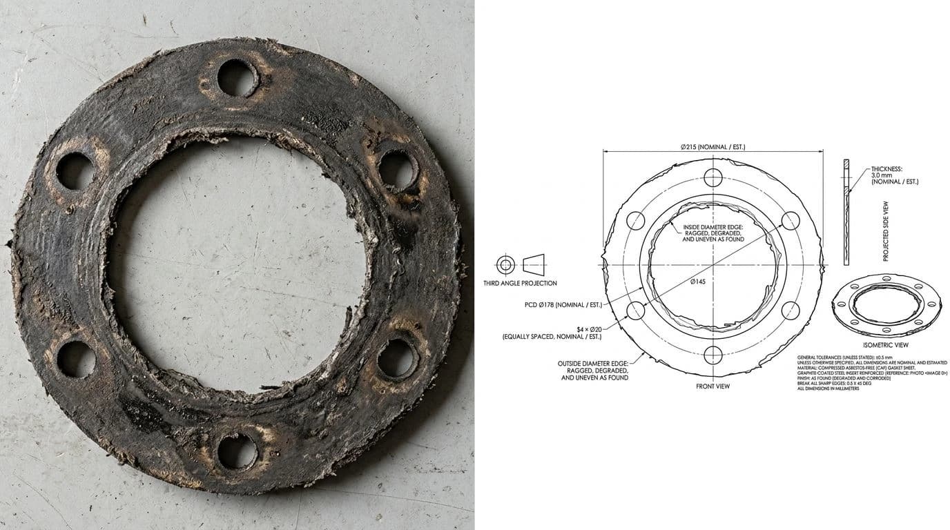 A worn round flange gasket photographed on the left, and the dimensioned 2D technical drawing generated from it on the right, showing the outer diameter, the centre bore and the ring of bolt holes ready to export as DXF