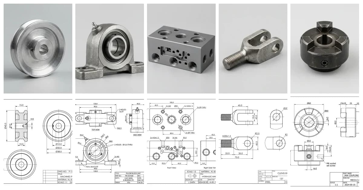 A montage: a top row of five real product photos, a V-belt pulley, a pillow-block bearing, a manifold block, a clevis and a jaw coupling, above a bottom row of the matching 2D orthographic technical drawings