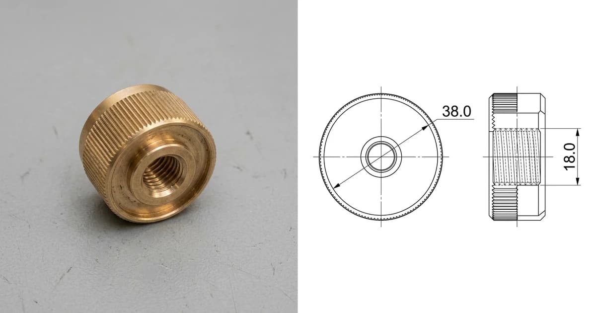 A photograph of a knurled brass adjusting knob on a workbench on the left and its dimensioned technical drawing on the right, with a circular top view and a side view