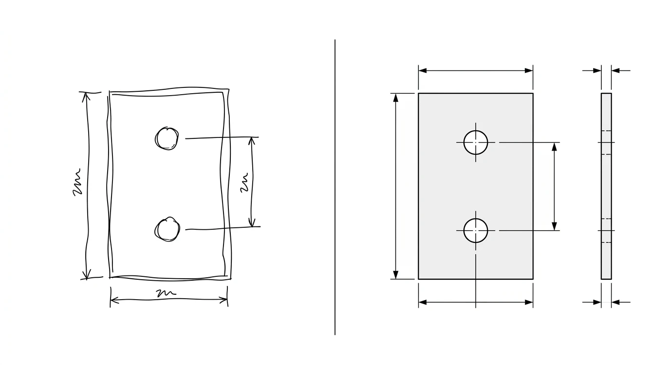 Left: a naive AI attempt at a technical drawing with wobbly lines and meaningless squiggle dimensions. Right: the same plate as a correct, to-scale orthographic drawing