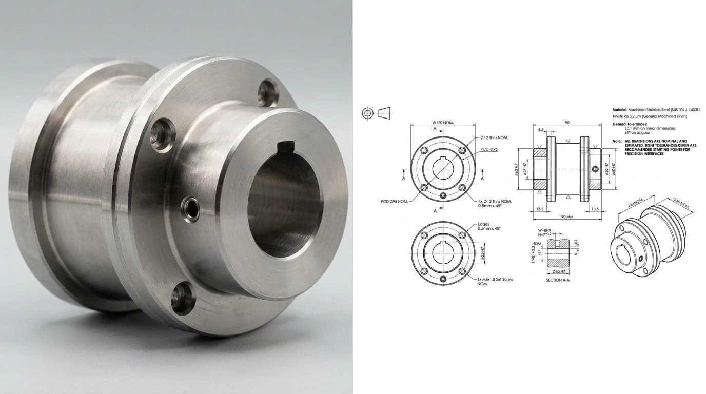 A photo of a machined stainless steel flanged shaft coupling on the left, and the fully dimensioned 2D technical drawing generated from it, ready to export as DXF, on the right