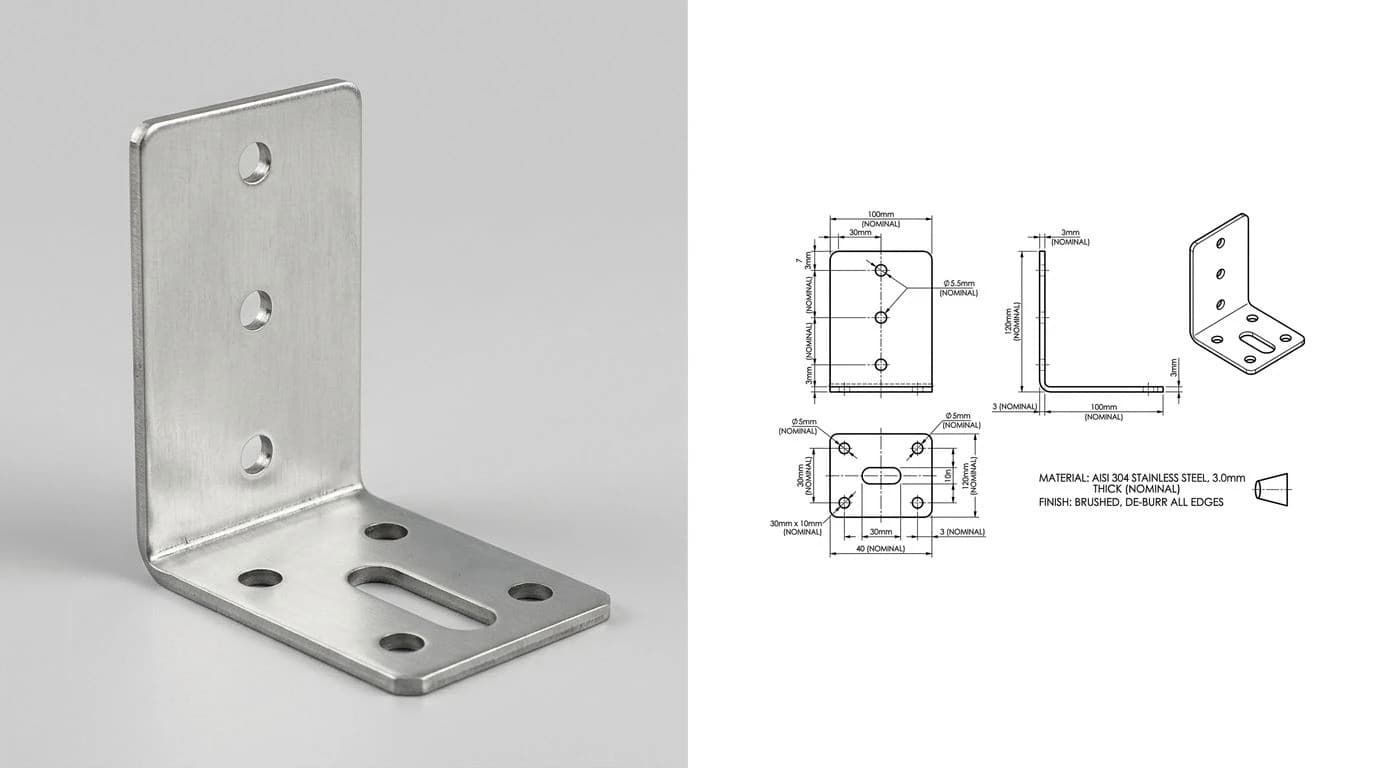 A photo of a laser-cut and folded sheet-steel mounting bracket on the left, and the fully dimensioned 2D technical drawing generated from it on the right
