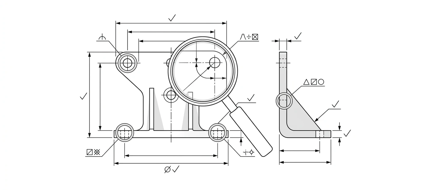 Concept illustration: a magnifying glass and highlight rings over an existing orthographic technical drawing, representing an AI reading and reviewing it