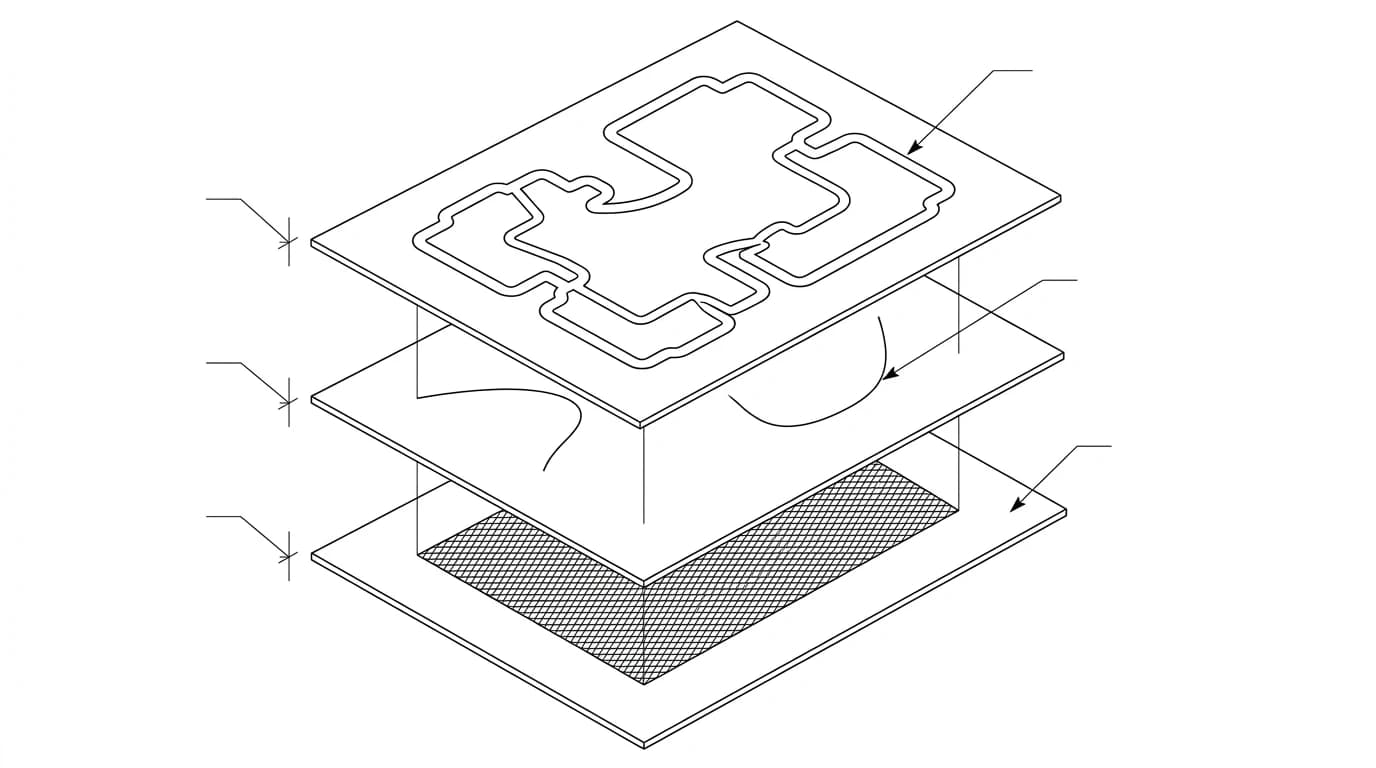 One flat laser design separated into three stacked layers: a closed cut outline on top, an open score line in the middle, and a cross-hatched engrave area at the bottom