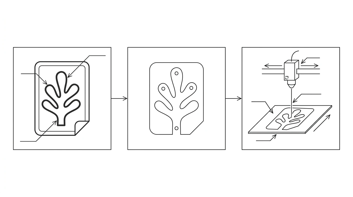 A three-step pipeline: a photo of a flat design, the same shape as a clean closed vector outline, and a laser cutter head cutting it from a sheet