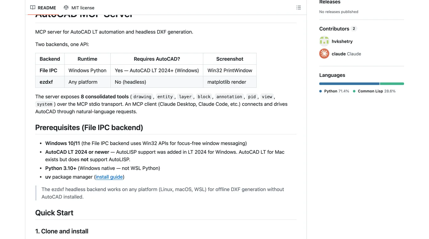 The README of puran-water/autocad-mcp on GitHub, with a table of two backends: File IPC on Windows Python needing AutoCAD LT 2024 or newer, and ezdxf on any platform needing no AutoCAD