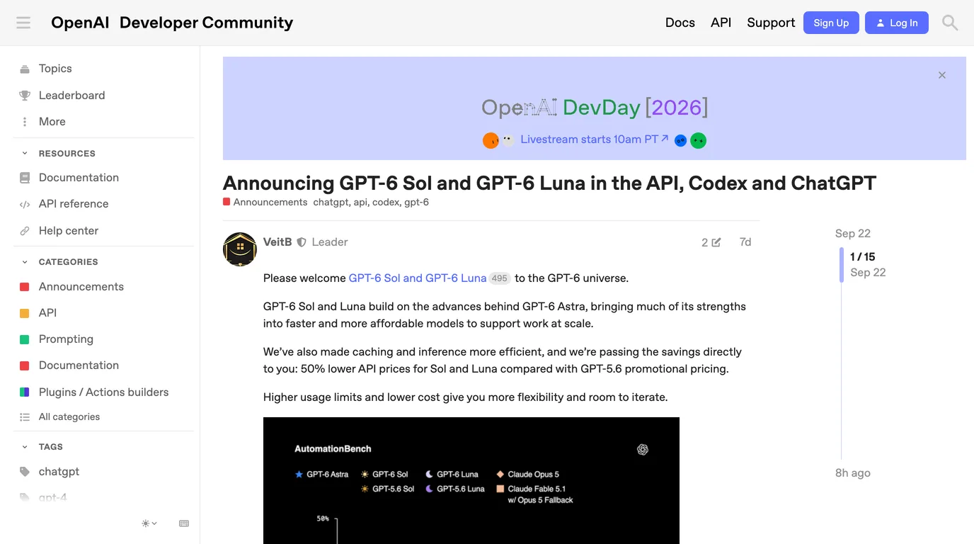 OpenAI's post on the OpenAI Developer Community titled Announcing GPT-6 Sol and GPT-6 Luna in the API, Codex and ChatGPT, dated 22 September