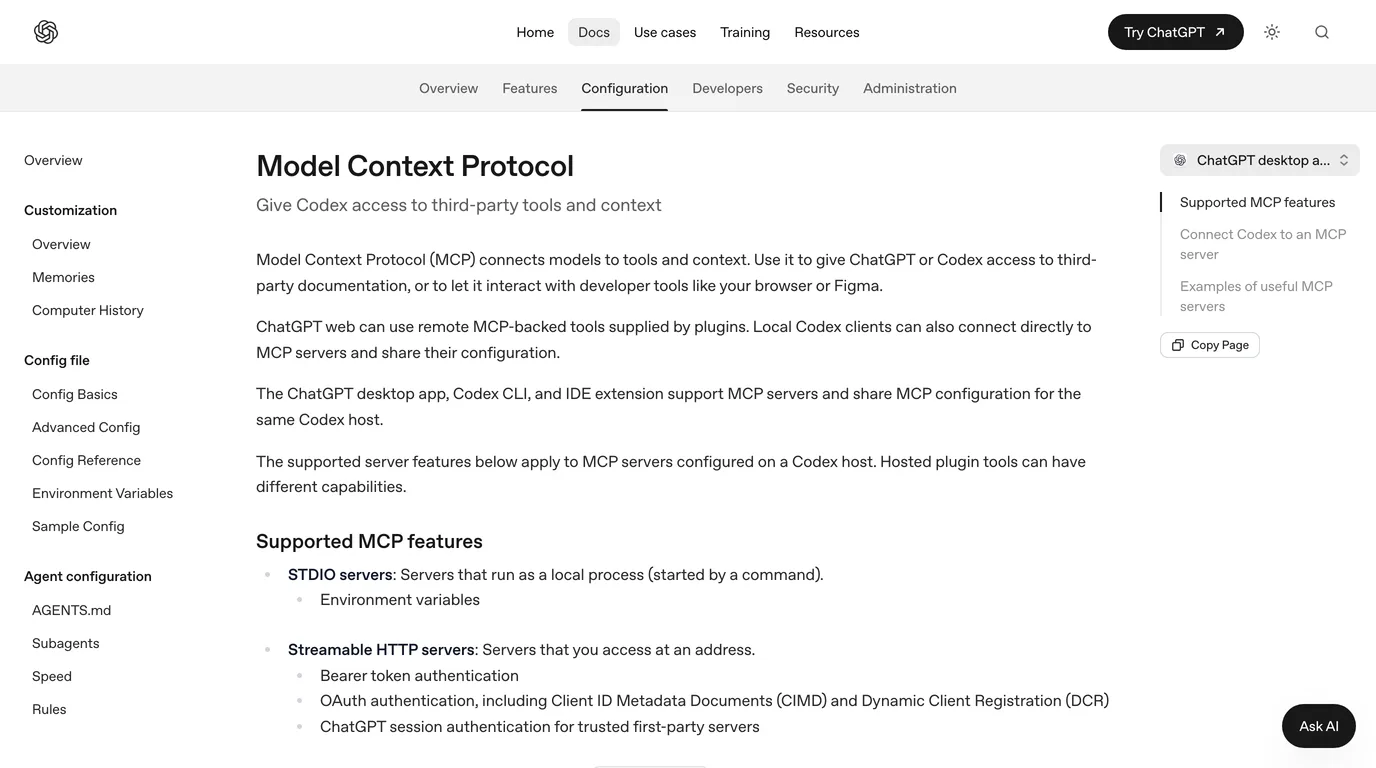OpenAI's Model Context Protocol documentation page, stating that ChatGPT web can use remote MCP-backed tools supplied by plugins, and that the ChatGPT desktop app, Codex CLI and IDE extension support MCP servers and share configuration