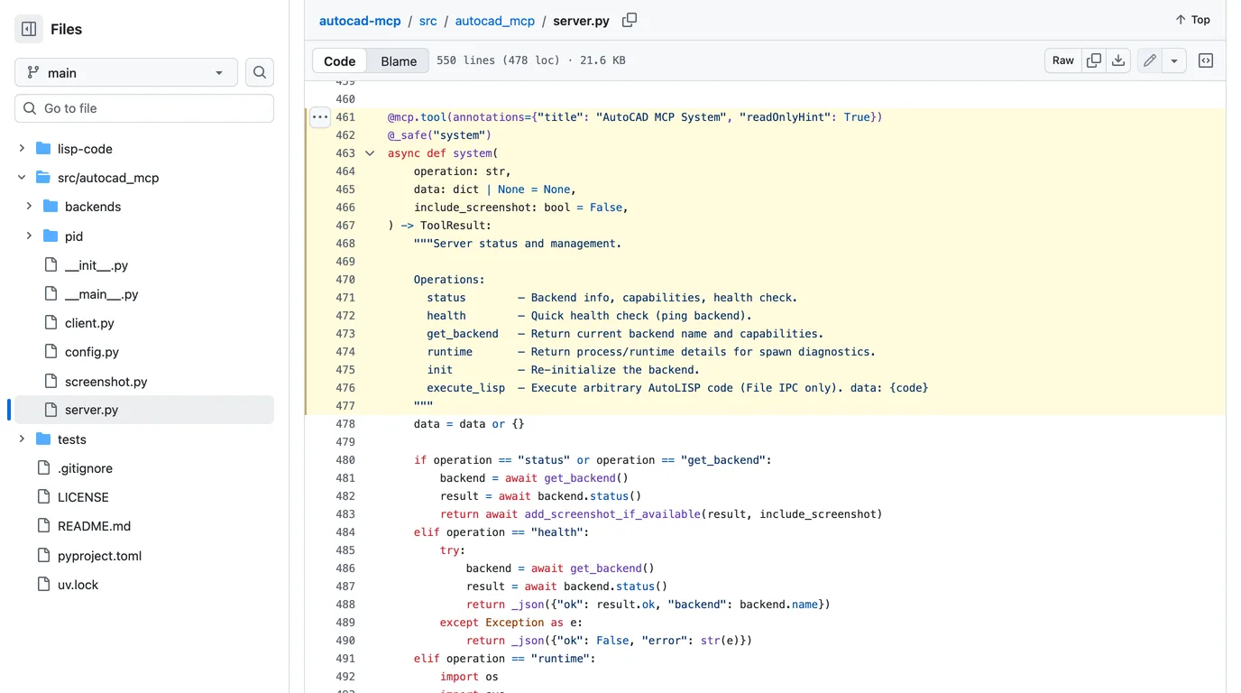 Lines 461 to 477 of src/autocad_mcp/server.py on GitHub: the system tool is annotated readOnlyHint True, and its docstring lists execute_lisp, Execute arbitrary AutoLISP code (File IPC only)