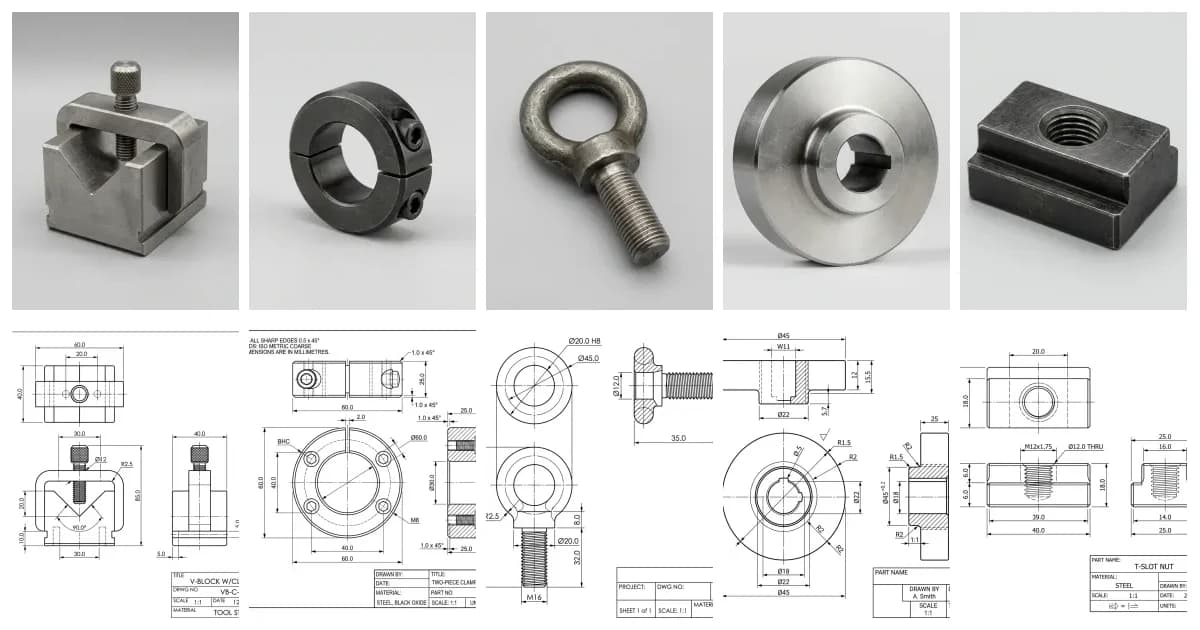 A montage: a top row of five real product photos, a machinist V-block with clamp, a two-piece shaft collar, a forged eye bolt, a keyed cam disc and a T-slot nut, above a bottom row of the matching 2D orthographic technical drawings