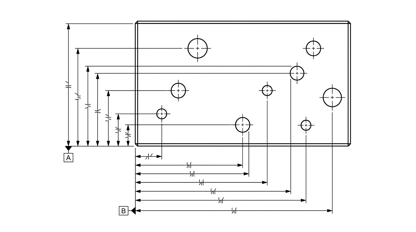 A flat plate with holes dimensioned from a single common datum: every hole position measured from one left edge and one bottom reference edge
