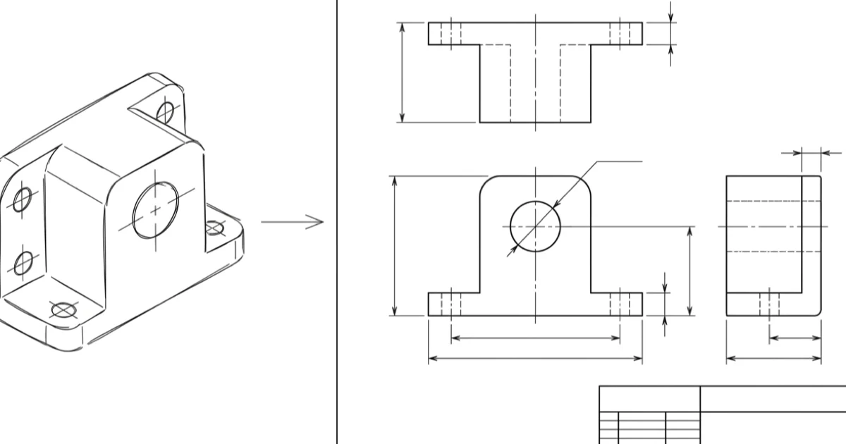 A rough 3D isometric sketch of a bracket on the left and the finished flat 2D technical drawing on the right, with front, top and side views, dimension lines and an empty title block