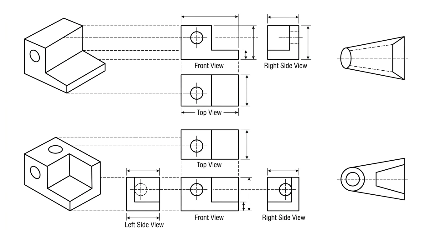 Comparison of first-angle and third-angle projection: the same part's front, top and side views arranged in mirrored positions, each with its projection symbol