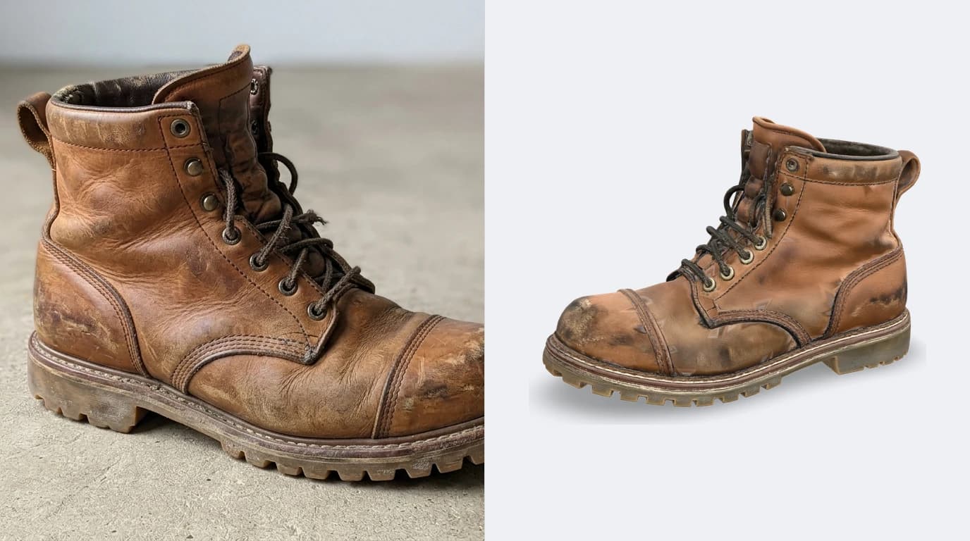 A phone photo of a leather work boot on the left and the same boot reconstructed as a shaded 3D model on the right, shown from a three-quarter angle in a viewer