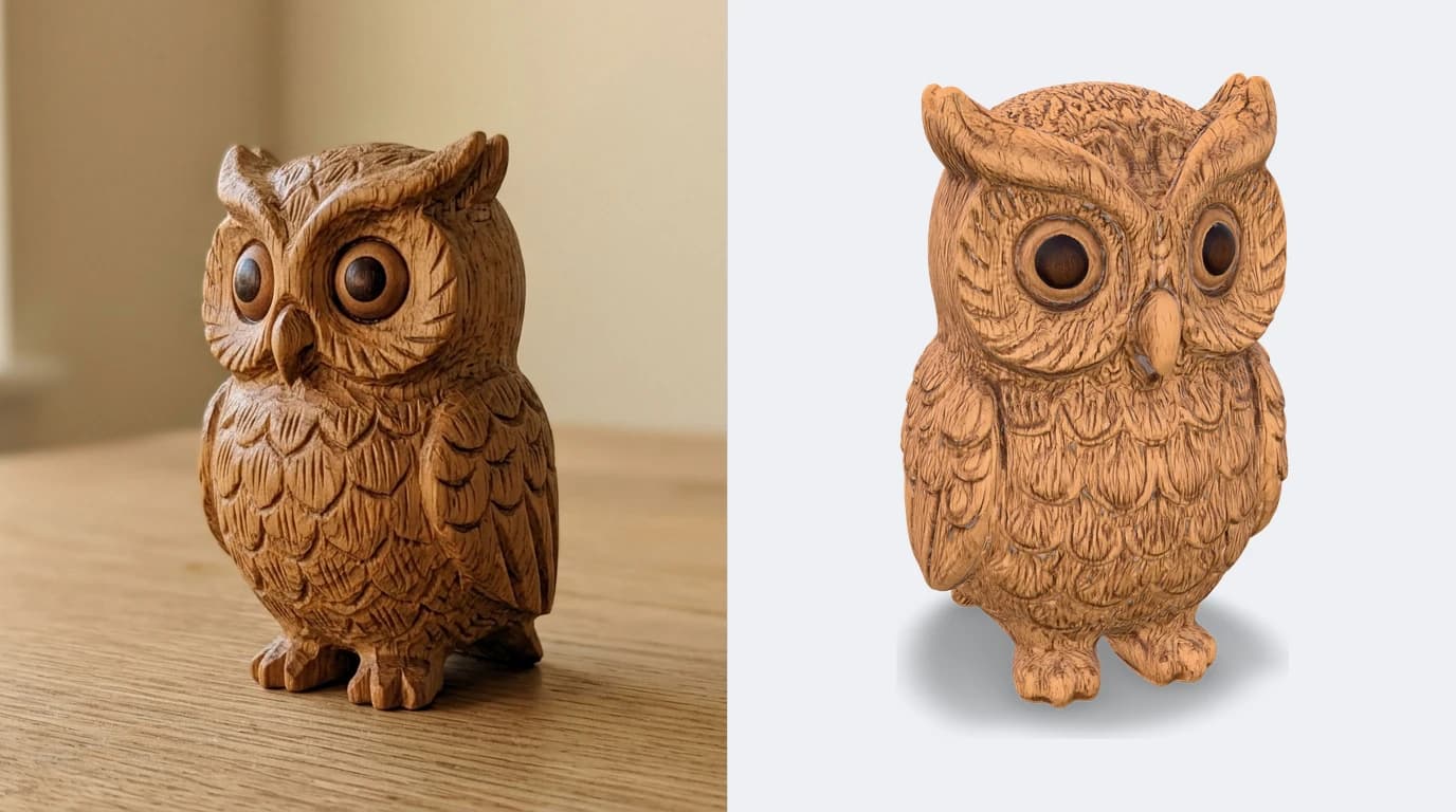 A phone photo of a small carved wooden owl figurine on the left and the same owl reconstructed as a shaded 3D model on the right, seen from a three-quarter angle