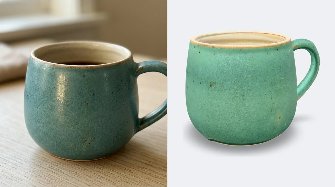 A phone photo of a glazed ceramic coffee mug on the left and the same mug reconstructed as a shaded 3D model on the right, rotated to show the handle and inner wall