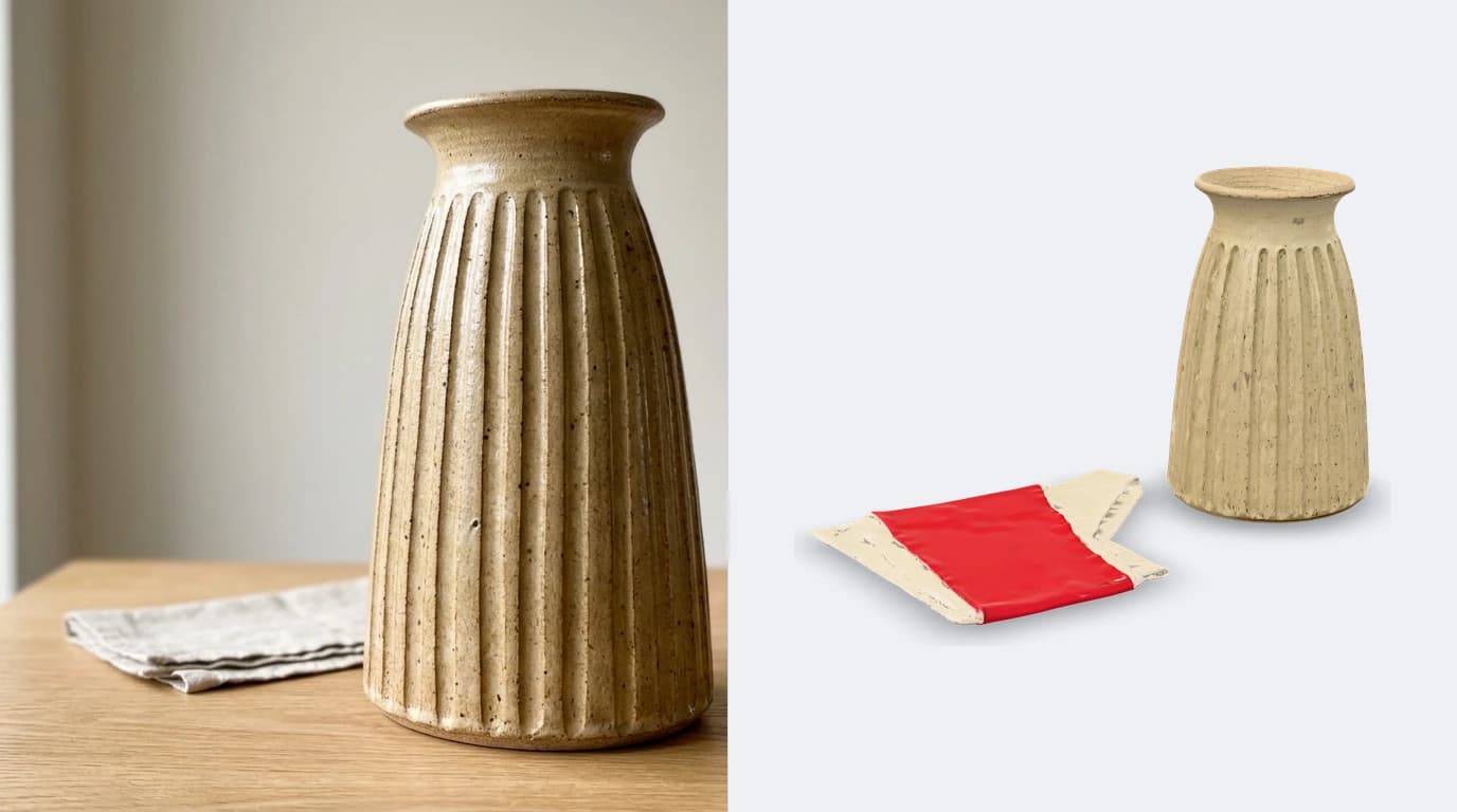 A phone photo of a ribbed stoneware vase on the left and the same vase reconstructed as a shaded 3D model on the right, rotated to show the rim and the ribbed body