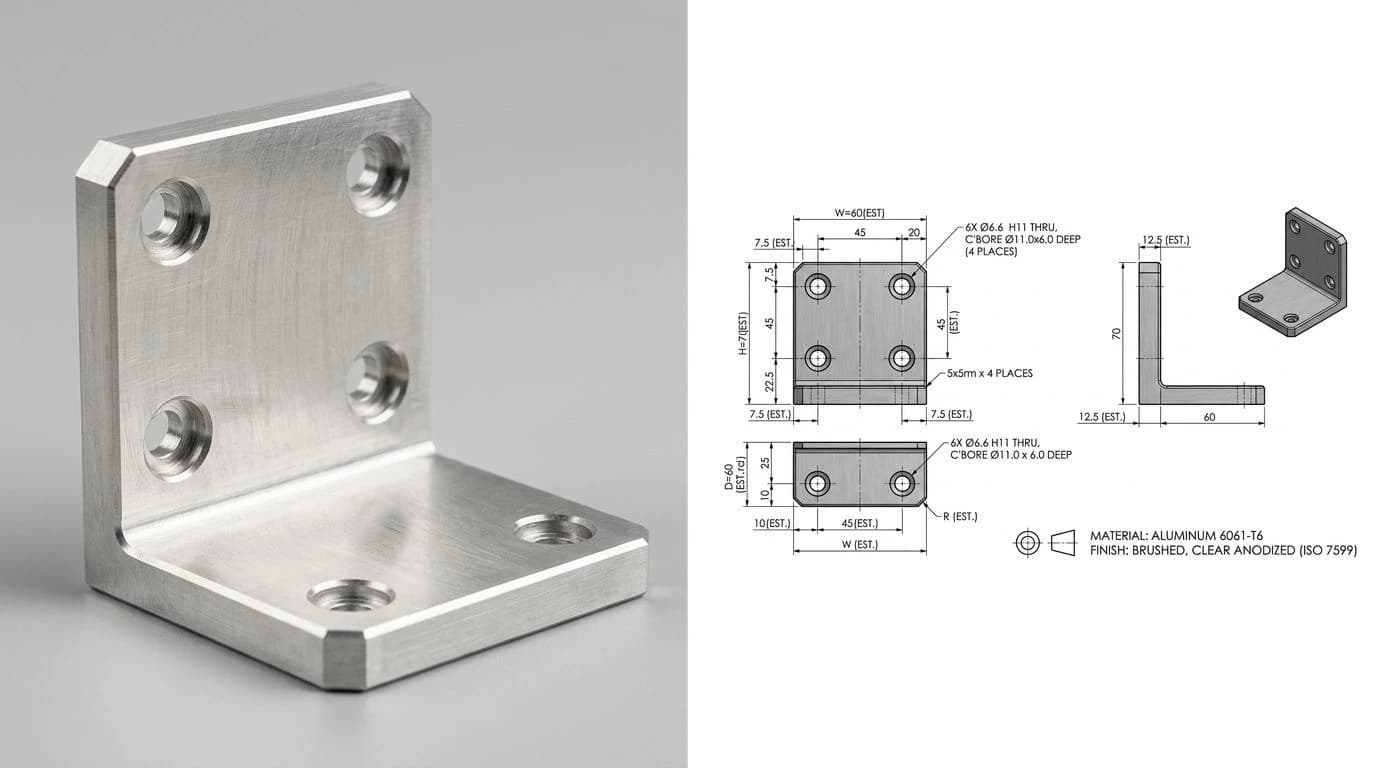 A photo of a machined aluminium mounting bracket on the left and the same part as a dimensioned AutoCAD technical drawing (front, top, side and isometric views with counterbore callouts) on the right