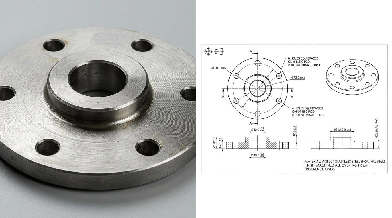 A photo of a steel round flange plate on the left and its reconstructed technical drawing on the right, with a dimensioned top view, front section, side view and isometric