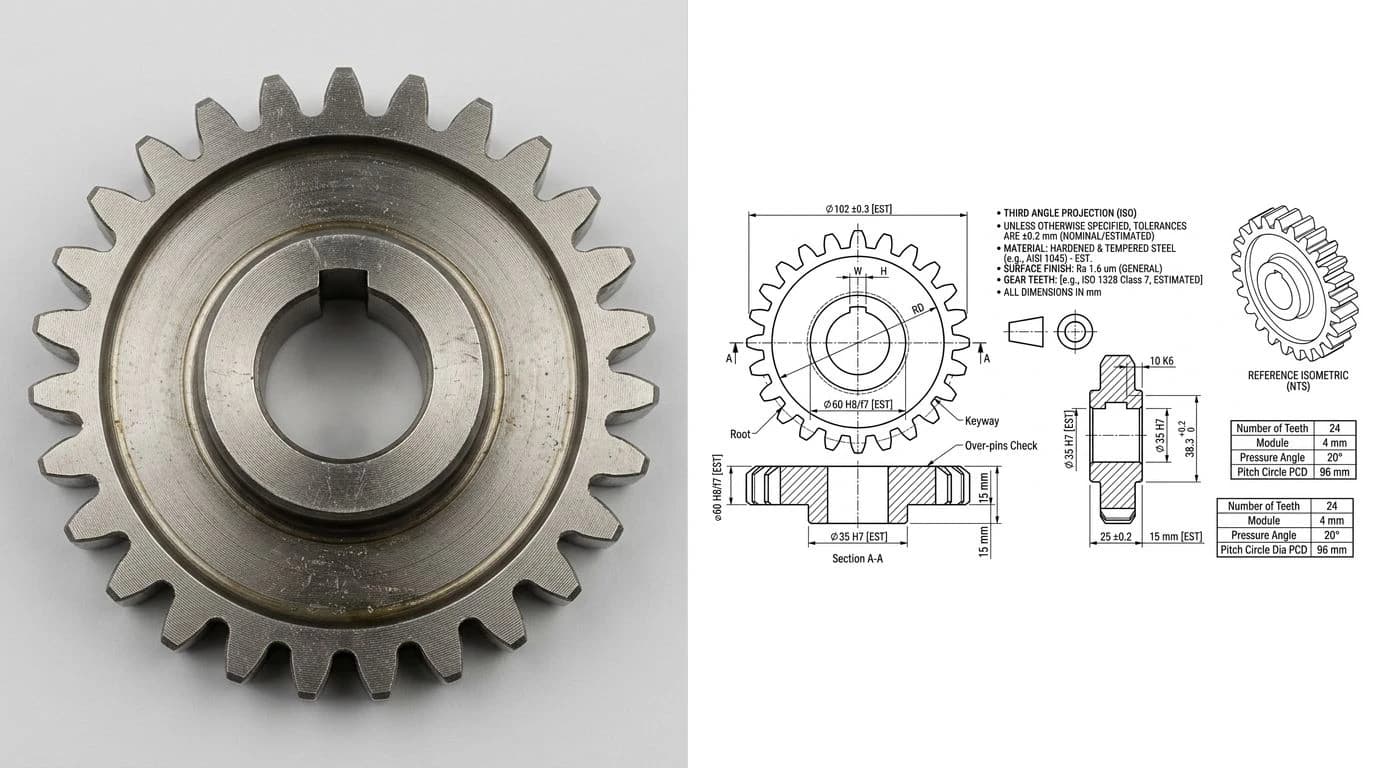 A photo of a steel spur gear on the left and its reconstructed technical drawing on the right, with a dimensioned front view, section A-A, a reference isometric and a gear-data table