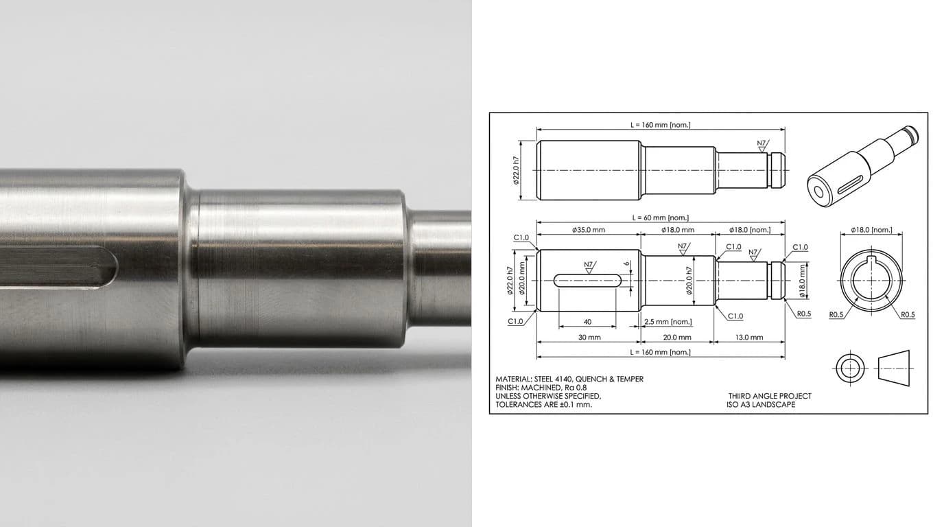 A photo of a machined stepped drive shaft on the left and its reconstructed technical drawing on the right, with stepped diameters, a keyway, chamfers and surface-finish callouts