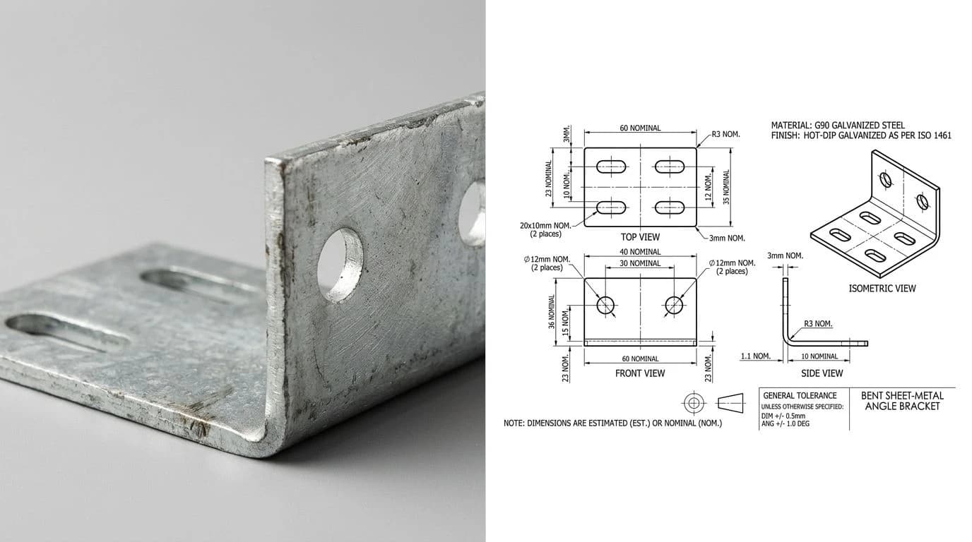 A photo of a bent sheet-metal angle bracket on the left and its reconstructed technical drawing on the right, with top, front, side and isometric views, slotted and round holes and a bend radius